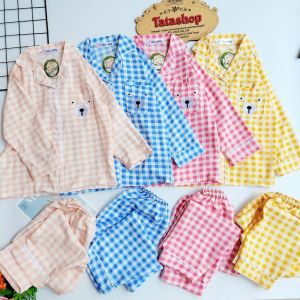 16 đến 40kg - Bộ pijama mặc ngủ bé trai bé gái thêu gấu dễ thương vải lụa hàn caro cao cấp 089