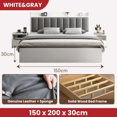 GOLD Solid Wood Bed Frame Queen/King Size Katil Kayu Minimalist Muji Style Bed with Cushion Headboard 實木床