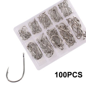 100pcs High Carbon Steel Fishing Hooks Set Fishing Worm Hooks 10 Sizes Fishing Hooks W/Portable Plastic Box Strong Sharp Fish Hook with Barbs for Freshwater/Seawater