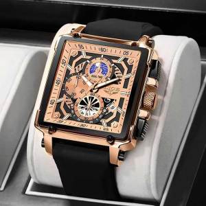 LIGE นาฬิกาผู้ชายใหม่เป็นรูพรุนสุดหรูนาฬิกาสปอร์ตสี่เหลี่ยมสำหรับผู้ชายแฟชั่นสายซิลิโคนกันน้ำควอตซ์ข้อมือนาฬิกาข้อมือ + กล่อง