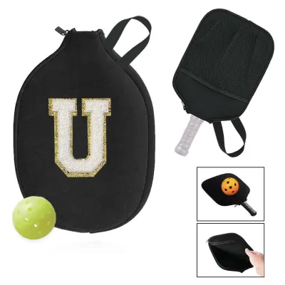 Black Pickleball Bag Series White Embroidery Patch Paddle Case With Handle Sports Equipment Storage