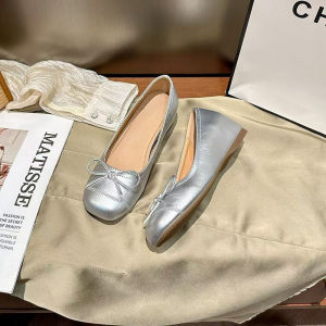 Free Shipping Sheepskin Version~Small Size Height-Increasing Square-Toe Bow-Knot Silver Ballet Flats For Women Suitable For Outdoor Wear