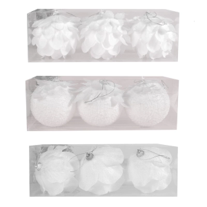 ลูกบอลคริสต์มาสสีขาว3ชิ้น/กล่องเครื่องประดับต้นคริสมาสต์กระเป๋าสตรีทรงถังของตกแต่งต้นไม้คริสต์มาสของขวัญลูกบอลแขวนสำหรับคริสมาสต์