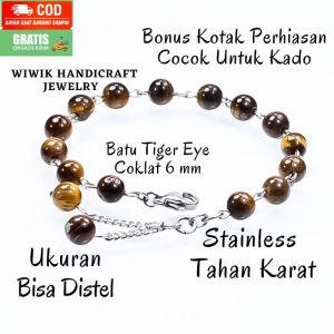 Gelang Tangan Wanita Stainless Tahan Karat Batu Beads Tiger Eye Warna Coklat 6 mm Kado Hadiah Terbaru