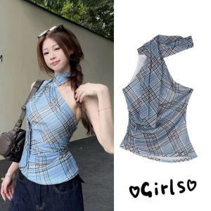 STR พร้อมส่ง🥨เสื้อคล้องคอ เสื้อครอป คอวีลึก เปิดหลังผูกคอ คอเต่าแขนกุด ทรงเข้ารูปดูแพง เซ็กซี่แฟชั่นผู้หญิงY2K ชุดไปกาแฟ