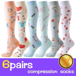 6 Pairs Athletic Compression Socks Women Cute Pattern Breathable Knee High Socks Women Sports Nurse Compression Socks2026