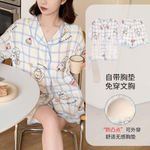 2025新款春季睡衣女短袖带胸垫套装宽松甜美可爱卡通女士家居服夏