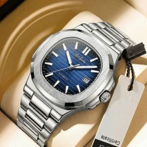 Aili Feida Quartz Watch for Men with Hollow Back Cover Visible Nautilus Luminous Wristwatch 30M Waterproof