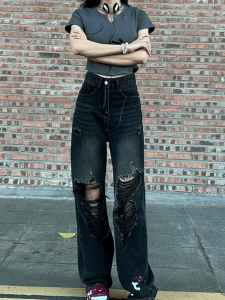 GHAOHES  กางเกงยีนส์ขาดเอวสูงสีดำ รุ่นฤดูร้อน ทรงกระบอกตรงหลวมดูผอม (6602)