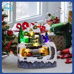 Fityle Christmas Village House Rotate Train with Music Luminous House Resin Collection for Living Room Restaurant Festival Christmas Decoration Gift