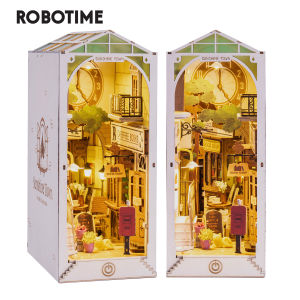 Robotime Rolife Wooden Puzzle Sunshine Town DIY Dollhouse Book Nook  LED Light Bookshelf Gifts