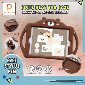 Softcase Advan Tab VX Neo 10.1 Inch 2024 Bonus Stylus Pen Tali Lanyard Selempang Case Anak Dewasa Motif Karakter Kartun Bear Beruang Coklat Lucu Standing Casing Cute Kids Cover Pelindung Tablet Anti Air Grip for Girsl Boy Cowok Cewek Skin Aksesoris Tab