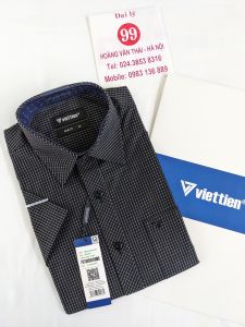 [Việt Tiến Sale] Sơ Mi Ngắn Tay - Slim Fit - Vạt Vuông- Kẻ ô màu đen - size 38 (lẻ size)