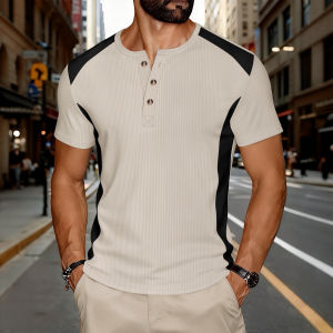 2026 Spring Summer Mens Waffle Henley Shirt Color Block Breathable Casual Short Sleeve Tops