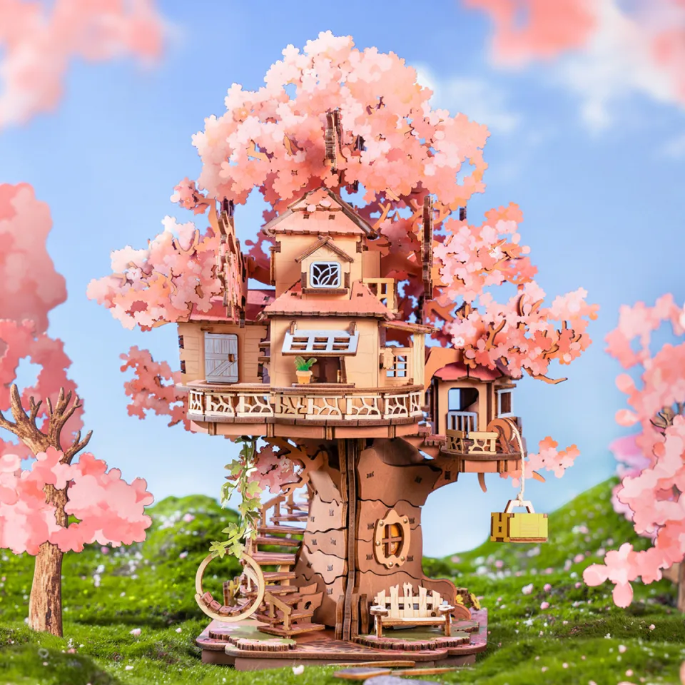 桜木　飾り ROBOTIME Rolife Sakura Tree House DIY 3D Wooden Puzzle Model Toys