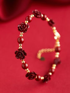 Good Luck Cinnabar Rose Bracelet Gold Plated Cinnabar Bracelet
