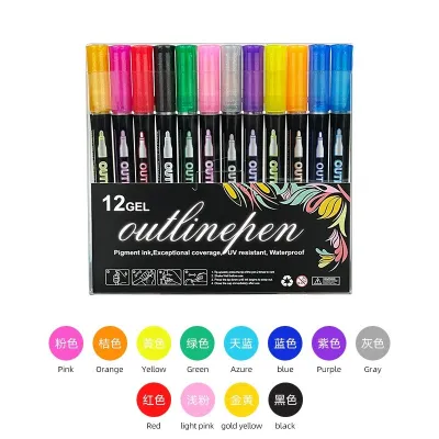 12 Colors Double Line Outline Pens Contour Pen Self-Outline Metallic Art Marker with Glitters for Drawing Painting Doodling Glitter Pen Set School Art Supplies Childrens Day Gift