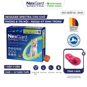 NexGard SPECTRA - Viên nhai phòng & trị nội ngoại ký sinh (ve rận bọ chét ghẻ Demodex Sarcoptes giun) dành cho chó size M (7.5-15kg) - 1 hộp 3 viên