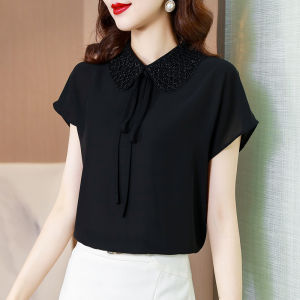 Áo Cánh Lụa Cổ Búp Bê YIGE Áo Cánh Nữ Tay Ngắn Màu Đen Nữ Áo Cánh Lụa Thời Trang Mới Phiên Bản Hàn Quốc