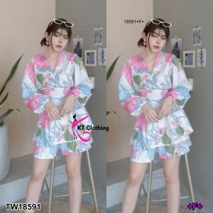 TW18591 Jumpsuit จั้มสูทแขนพองกางเกงกระโปรงลายใบไม้