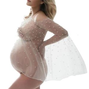 Thai Sản CAPE Top với ngọc trai beadwork cho nhiếp ảnh mang thai chụp ảnh lưới dọc áo thun áo Poncho Bìa up