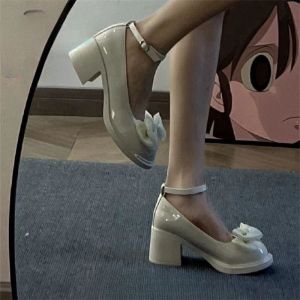 WomenS Chunky Heel Shoes 2025 Summer New Bowknot High Heels Patent Leather Single Shoes Ins