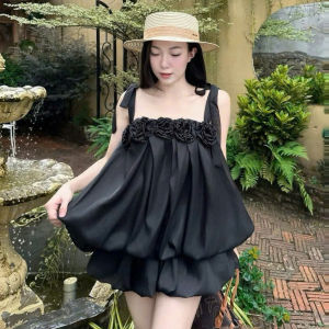 Đầm đi tiệc đầm tiểu thư váy nữ thiết kế đầm mini 2 dây thắt nơ kèm bông Tơ Ánh Kim 2 lớp Bí xoè