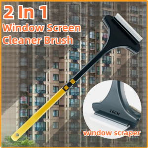 2 in 1 Window Screen Glass Cleaner Double Sided Brush with Long Handle for Dust Dirt Removal Multi Functional Cleaning Brush Window Scraper Window Screen Brush
