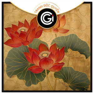 Tranh hoa sen đỏ tranh phong thủy tranh treo tường tranh dán tường phòng thờ phòng khách in canvas. CGI - 461