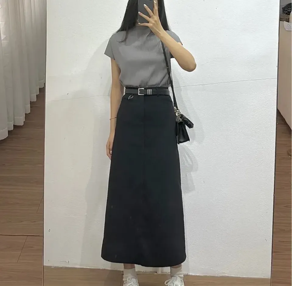 Chân váy dài sọc caro vintage có dây thắt lưng - sakurafashion.vn