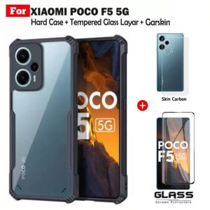 Paket 3in1 Xiaomi POCO F5 5G Case Shockproof Free Tempered Glass dan Skin Carbon