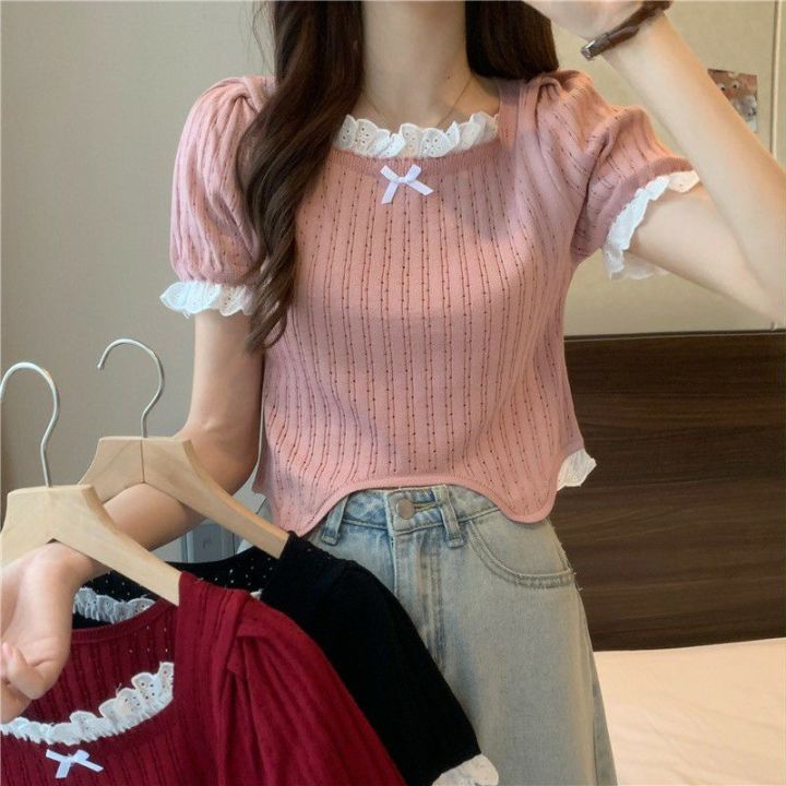 ☁️ เสื้อครอปไหมพรม แขนสั้น ดีเทลขอบลูกไม้น่ารักคิ้วๆ สินค้าพร้อมส่ง ...