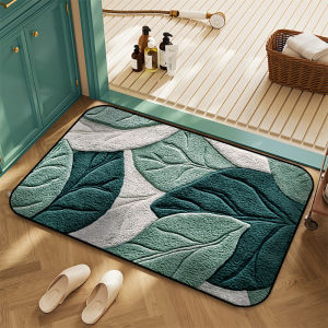Green Leaf Pattern Plush Bathroom Mat Crystal Velvet Floor Mat Anti Slip Absorbent Carpet