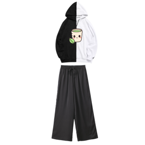 Joy Sana Baju Setelan Wanita Setlan Celana Kulot Dan Atasan Hoodie Kombinasi Motif Green Tea Kawai Korean Style