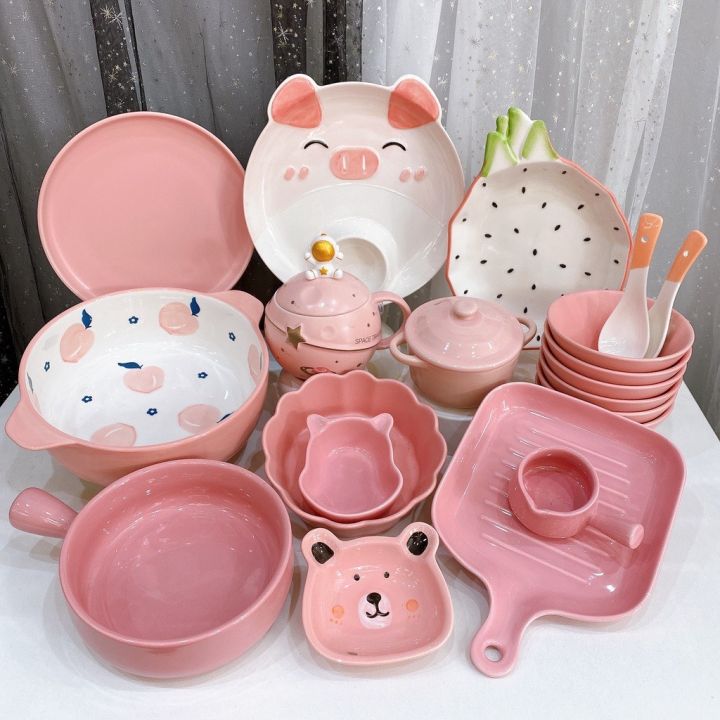 Bộ Chén Sứ Bát Ăn Cơm Bộ Bát Đĩa Decor Chén Dĩa Sứ Hồng Dễ Thương sét heo  hồng 20 món | Lazada.vn