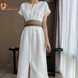 CHENWEN Elegant Ladies Office Dress 2024 New Fashion Slim Banded Waist Zipper Front Solid Color Dress Women Split Midi Dress OL
