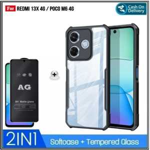 Paket 2in1 Soft Case Redmi 13x 4G Soft Hard Casing Fusion Free Glass AG Hitam Matte Full Layar