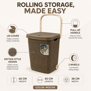 Large Plastic Rattan Laundry Basket with Lid Wheels Pull Up Handle Home Storage Organizer For Clothes