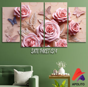HIASAN DINDING SET ABSTRAK BUNGA PINK FLOWERS ISI 4 KAMAR DEKORASI RUMAH WALL DECOR PAJANGAN DINDING SATU SET BUNGA