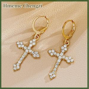 Hmeme New Rhinestone Zircon Cross Pendant Earrings For Women Korean Fashion Drop Hoop Earrings Birthday Party Jewelry Gifts