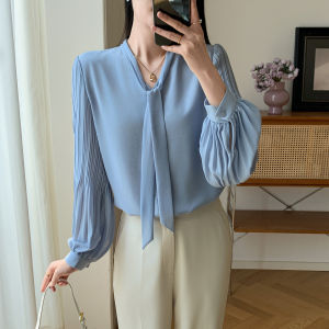 AMMIN 2025 Autumn New Simple V-Neck Bow Ribbon Design Solid Color Chiffon Blouse Womens Korean Style Fashion Pleated Lantern Sleeve Commuting Elegant Blouse