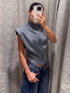 Women Stand Collar Zip‑Up Knit Vest Sleeveless Solid Slim Shoulder Pads Cropped Waistcoat 2026 Autumn Elegant Layering Outerwear2026