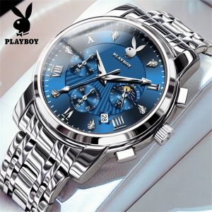 PLAYBOY  men watch new genuine waterproof luxury watch fashion multifunctional diamond luminous calendar quartz stainless steel jam tanggan lelaki