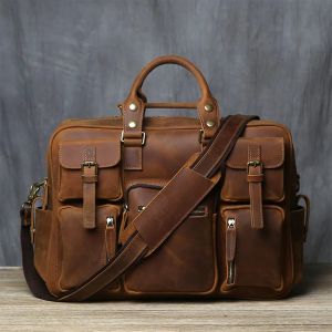 Tas Kantor Portabel Kulit Aslii Crazy Horse - Tas Laptop Retro Pria Kulit Sapi - Tas Selempang Bisnis Kapasitas Besar