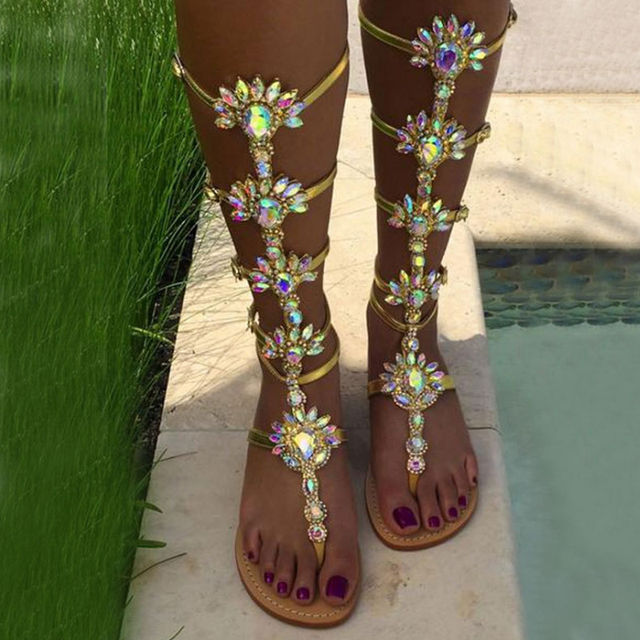 Summer Flats Sandal Gladiator Gold Rhinestone Knee High Buckle