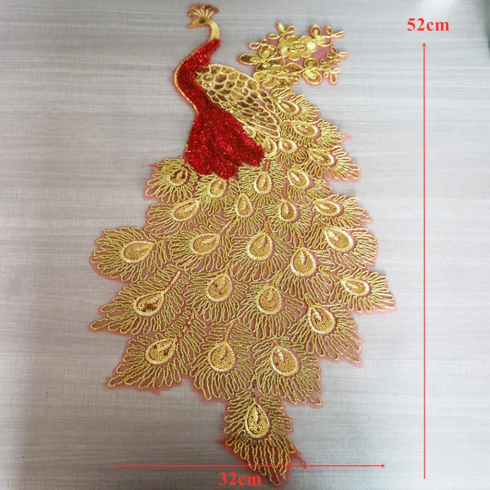 Gold Red Sequin Embroidered Peacock Birds Applique Lace Fabric Trimming Sew Patch  Collar Wedding Gown Dress Clothes DIY Crafts