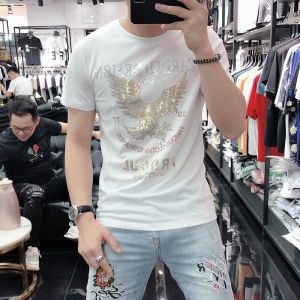 Naimo 2024 Summer New Short-sleeved T-shirt Mens Tide Brand Heavy Industry Hot Drill Personality Round Neck Half-sleeved Slim Handsome All-match Mens T
