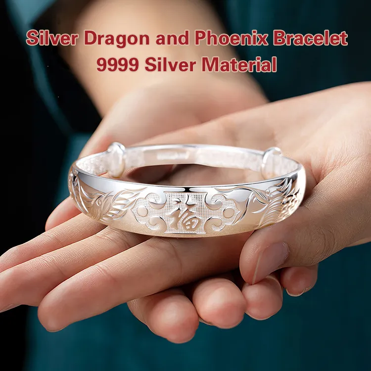 Silver Dragon and Phoenix Bracelet Adjustable Size Bangle