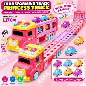 Princess Transforming Car Launcher Truck Toy with 6 Mini Cars Music Track Play Toys Gift for Girls