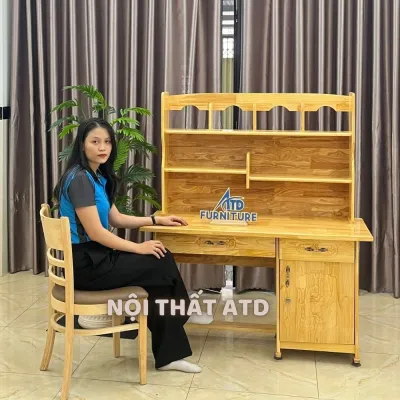 Bàn học sinh gỗ thông tự nhiên cao cấp liền kệ sách giá rẻ tại xưởng giao nhanh trong ngày